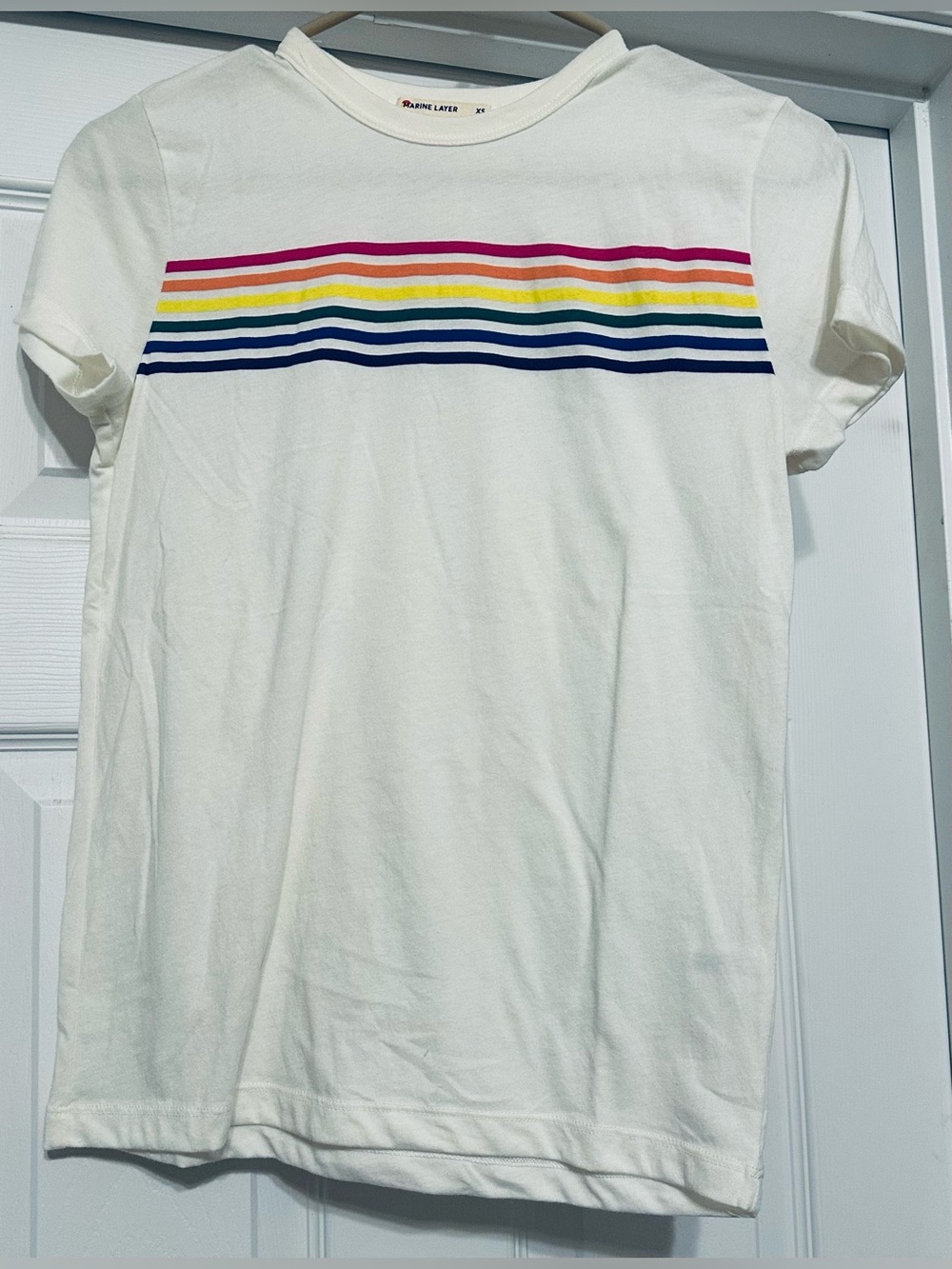 Marine Layer White Short Sleeve Tee with Rainbow Stripes